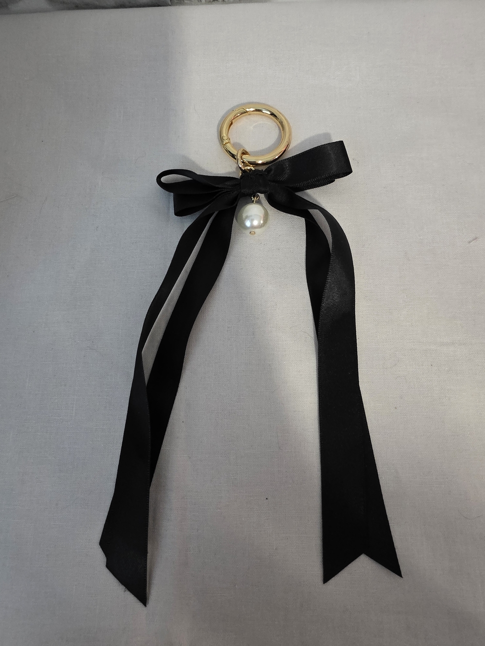Gold Ring Bag Charm with Black Satin Bow and Pearl